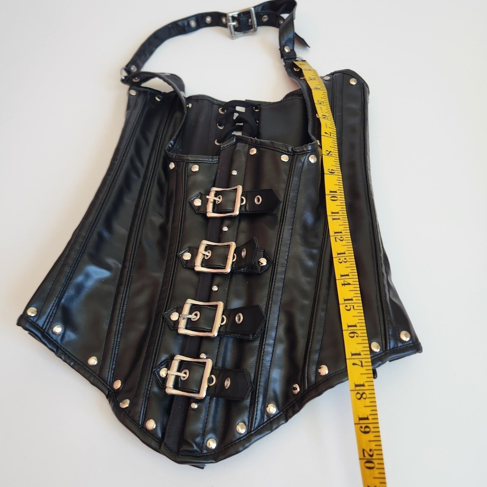 Whimsygoth Black Leather Halter Corset Top Buckle Front Lace Up Back size Medium - Picture 6 of 10